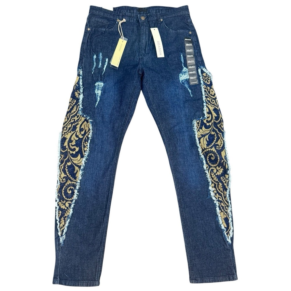 REASON BRAND Men 38x32 Dark Wash Skinny Jeans Baroque Side Panel Distressed NWT